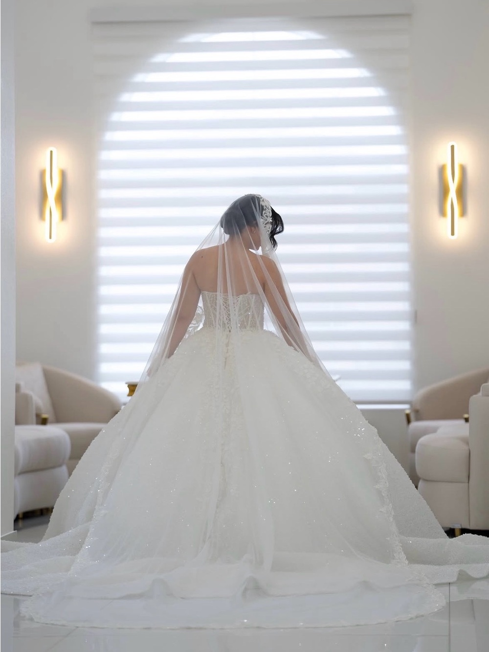 Elegant custom White bridal wedding dress gown. Comes with custom veil